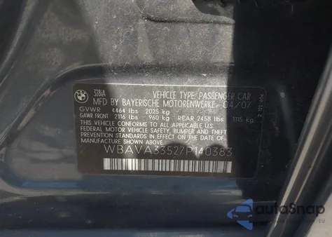 2007 BMW 328I z USA, uszkodzony, nr VIN WBAVA33527P140383